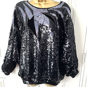 Vintage FLAGG etc Black Silk Shiny Sequins Pullover Top Blouse sz XL